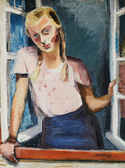 Gemälde einer jungen Frau mit geflochtenem Haar lehnt an einem geöffneten Fenster, trägt ein helles kurzärmeliges Oberteil und einen dunklen Rock.