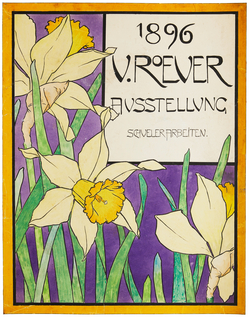 Illustriertes Plakat mit gelben Narzissen vor lila Hintergrund und der schwarzen Schrift '1896 V. ROEVER AUSSTELLUNG SCHULERARBEITEN'.