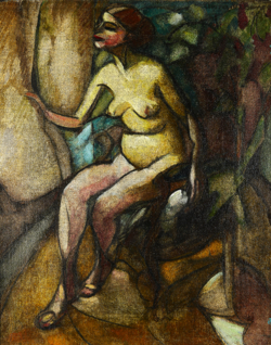 Akt einer sitzenden, nackten Frau mit rotem Haar, die sich mit der linken Hand einen Vorhang hält.