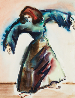 Aquarell einer Tänzerin in weitem Kleid mit ausgebreiteten Armen und leicht nach vorne geneigtem Oberkörper.