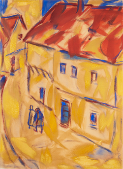 Expressionistisches Gemälde einer Straßenszene mit gelben Häusern und roten Dächern, zwei Figuren gehen auf dem Gehweg