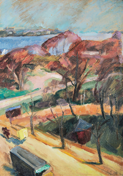 Landschaftsgemälde mit Bäumen, einem Weg und einem Fluss im Hintergrund, gemalt in pastellfarbenen Tönen.