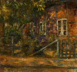 Gemälde eines Hauses mit Gartenzaun, umgeben von Bäumen und Schatten.